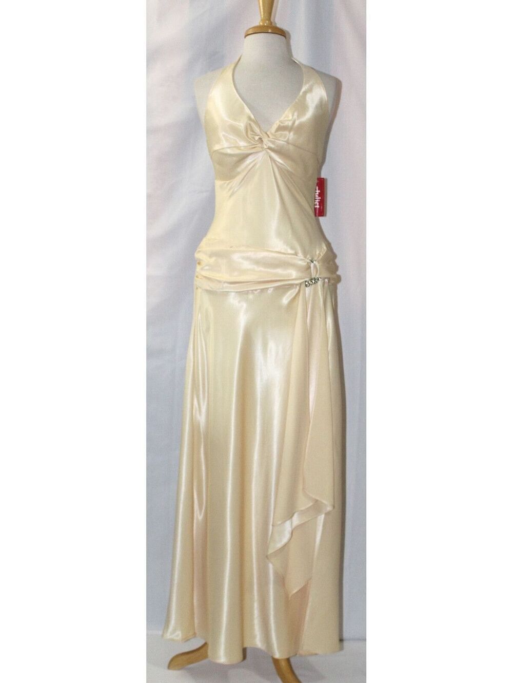 Juliet #2089 Satin Halter Formal Evening Gown-Size L-BANANA YELLOW-NEW With Tags